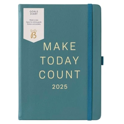 Afbeelding van Busy B Goals Diary 2025 Weekplanner A5 grenen met elastische band, weekoverzicht voor dagelijks gebruik, maandoverzicht, inspirerende citaten en stickers, compact dagboek productiviteit
