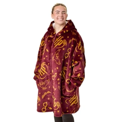 Afbeelding van Harry Potter Womens draagbare deken hoodie Fleece met capuchon en ritssluiting voor volwassenen in bordeaux HP Loungewear hele Hedwig uilenprint, sherpavoering zakken