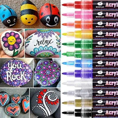 Afbeelding van WONSAR acrylstiften voor stenen, 12 kleuren, watervaste het schilderen van permanente markeerstiften, stiften kinderen, doe zelf, keramiek, glas, porselein, metaal, kunststof, hout, canvas (fijne punt)