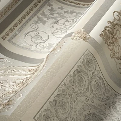 Afbeelding van &quot;MEDUSA HOOFD&quot; SATIJN GLANZEND BAROK BEHANG Design grijs beige zilver wit A.S. Création Versace 5