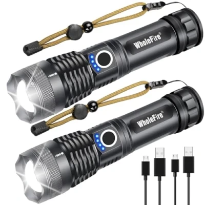 Afbeelding van WholeFire LED Zaklamp XHP50 USB Oplaadbaar Krachtige 4000 Lumen, Militair 5 Modi Waterdicht Zaklampen met 18650 Batterij voor Het Kamperen, Wandelen, 2 Verpakkingen