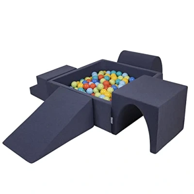Afbeelding van KiddyMoon Ballenbad, van schuimrubber, 300 ballen, voor baby&#039;s, speelbad, hindernissenbaan, gemaakt in de EU, donkerblauw: lichtgroen/geel/turquoise/oranje/roze/paars