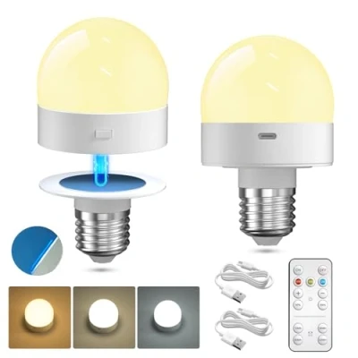 Afbeelding van Lamptobe Oplaadbare LED lamp met Afstandsbediening 3 Kleuren E27 Dimbare Batterijlamp Magnetisch + Timer voor Noodlicht/Nachtlamp Camping Draadloos 2 Stuks