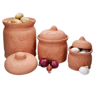 Afbeelding van MamboCat Terra aardappelpotten, uienpot en knoflookpot van terracotta, aardewerk potten met deksel voor je keuken, opbergdoos reliëf belettering, ideaal lange opslag