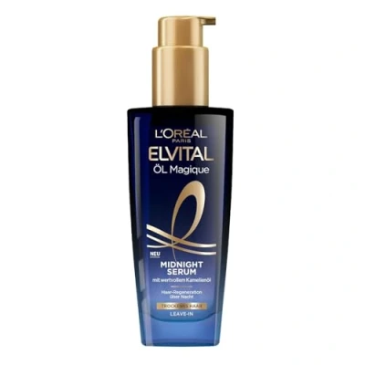 Afbeelding van L&#039;Oréal Paris Verzorgend serum voor zacht en glanzend haar, werkt langdurig tegen kroezen, laat geen resten achter, met cameliabloesemolie, Elvital Oil Magique Midnight Serum, 1 x 100 ml