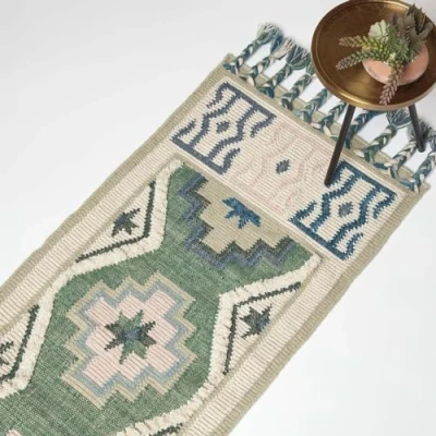 Afbeelding van Homescapes Handgeweven Kelim Runner Matala 66 x 200 cm, blauwgroen patroon