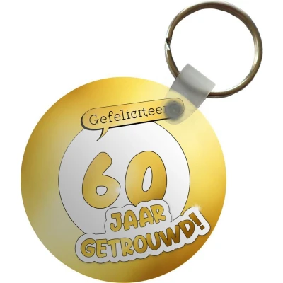Afbeelding van Sleutelhanger Gefeliciteerd 60 jaar getrouwd! Spreuken Quotes Jubileum Goud Plastic Rond Uitdeelcadeautjes