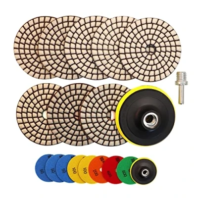 Afbeelding van HIGHDRIL Polijstschijf voor droge diamantjes, 8 stuks, #50x3/100x2/200/400/800), diamantpolijstpads met kunststof ondergrond + M14 adapter graniet steen, marmer, vloerslijper of polijstmachine,