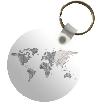 Afbeelding van Sleutelhanger Wereldkaart Grijs Roze Plastic Rond Uitdeelcadeautjes