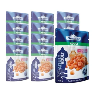 Afbeelding van Dehner Premium kattenvoer voor volwassenen, zalm en zalmolie, in zak, 12 x 100 g (1,2 kg)