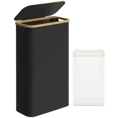 Afbeelding van SONGMICS Wasmand met deksel, 65 l wasmand, ruimtebesparend, verwijderbare waszak, Oxford stof, bamboe handgrepen, opvouwbaar, 42 x 22,5 70,5 cm, inktzwart LCB506B01