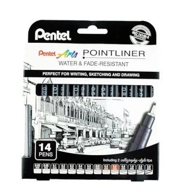 Afbeelding van Pentel Pointliner Pigment Liner Technische Tekening Fineliner Pen S20P 0.03mm tot 3.0mm Zwart, Sepia, Sanguine &amp; Grijze Inkt Pack van 14