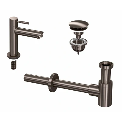 Afbeelding van INK 1A Fonteinkraanset staande Fonteinkraan laag always open plug en design Sifon Metal black Minimalistisch
