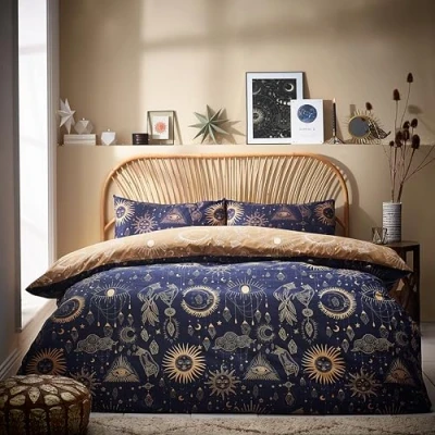 Afbeelding van Furn. Constellation tweepersoons dekbedovertrekset, katoen, polyester, goud/marineblauw, CONSTEL/D02/GNV
