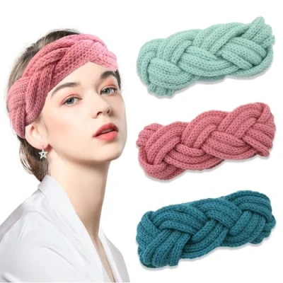 Afbeelding van 3 stuks winterhoofdband voor dames, gebreide dikke haarband, hoofdband, elastische oorwarmer, warme hoofdbanden vrouwen en meisjes (donkergroen, lichtgroen, roze)