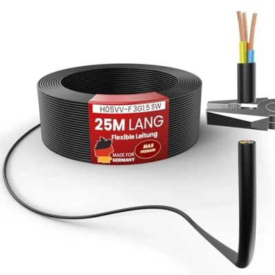 Afbeelding van Van 5 tot 100 m kunststof slang H05VV F 3G0,75; 3G1; 3G1,5 of 3G2,5 zwart flexibele kabel apparaatkabel (H05VV SW, 25m)