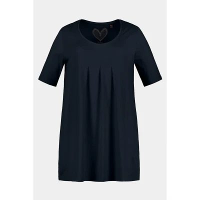 Afbeelding van Ulla Popken Dames sierplooien, A lijn, ronde hals, halve mouwen, modal T shirt, marineblauw, 50/52 NL