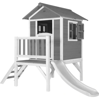 Afbeelding van AXI Speelhuis Beach Lodge XL Grijs met witte glijbaan op palen veranda gemaakt van FSC hout