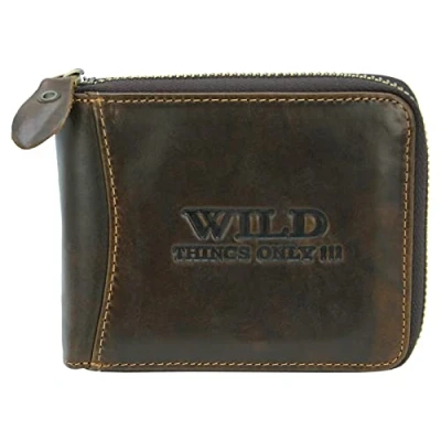 Afbeelding van WILD THINGS ONLY !!! Leren heren portemonnee, RFID bescherming, ritssluiting, Portefeuille met geschenkdoos, liggend formaat, Bruin