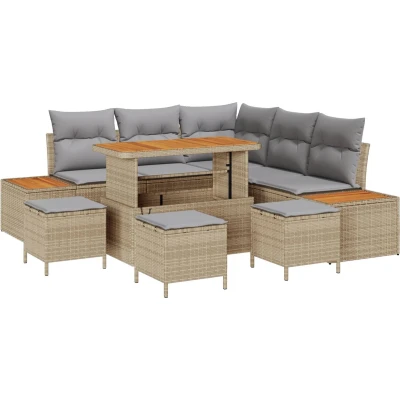 Afbeelding van vidaXL 9 delige tuinbankset met kussens Beige Poly Rattan en Acacia