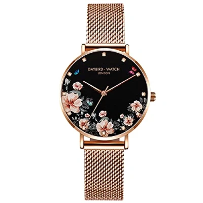 Afbeelding van RORIOS Vrouwen Horloges Analoge Quartz Bloem Dial armband Roestvrij Staal Mesh Horloges, Zwart A,
