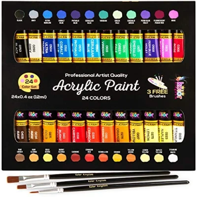 Afbeelding van KOLOR KINGDOM Acrylverfset 24 kleuren canvas verfset met 3 penselen voor ambachten, kinderverf, papier, rotsschilderen, hout, keramiek en stof, levendige
