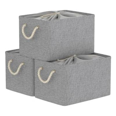 Afbeelding van Yawinhe opvouwbare opbergmanden 3 pack, met trekkoord en 2 handgrepen, opbergbakken, voor planken, kleding, 37x26x20cm, grijs, SNK003GS