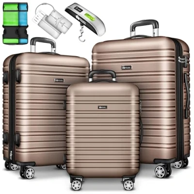 Afbeelding van tillvex® Reiskofferset 3 delig met bagageweegschaal, kofferriemen en kofferaanhanger, harde kofferset 4 wielen, trolley, bagagekoffer TSA slot, rolkoffer, hardshell kofferset, M L XL, rood,