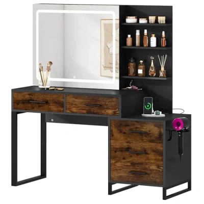 Afbeelding van YITAHOME Make uptafel met ledverlichting, schuifspiegel, 3 kleuren instelbare helderheid, kaptafel laden en behuizing, rustiek bruin