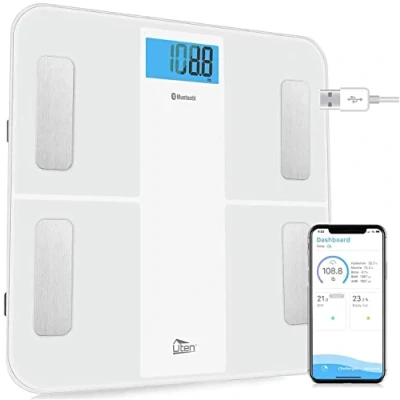 Afbeelding van Uten Bluetooth weegschaal, digitale badkamerweegschaal, geïntegreerde 3,7 V accu, zeer nauwkeurige meting voor BMI, lichaamsvet, spieren enz., intelligente app fitnesstracking, 28 St/180 kg