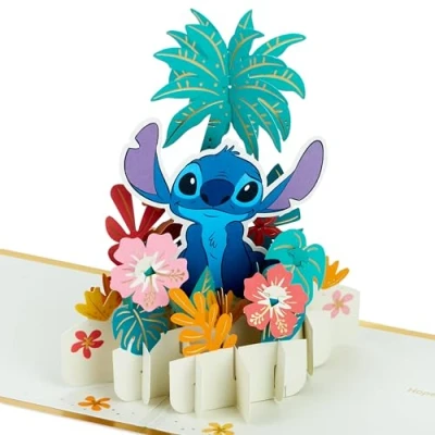 Afbeelding van Hallmark Disney Lilo &amp; Stitch, 3D pop up kaart voor elke gelegenheid, steek met Hawaiiaanse bloemen, verjaardag, Vaderdag, dochter, zoon, kleindochter, kleinzoon, goud
