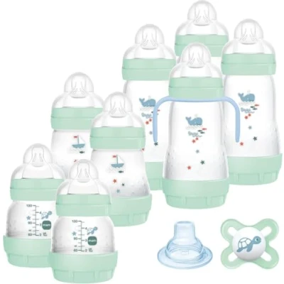 Afbeelding van MAM Set van 8 flesjes Easy Start Anti Colica met speen Skinsoft siliconen, 1 fopspeen Original Start, extra zachte snavel en handgrepen, lichtblauw