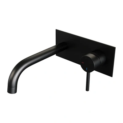 Afbeelding van Brauer Black Edition Wastafelmengkraan inbouw gebogen uitloop links hendel lang smal afdekplaat model A 1 mat zwart