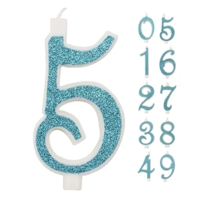 Afbeelding van IDEGOS Grote kaars, 10 cm, verjaardagskaarsen nummer 5, 3D blauwe glitter, decoratie voor verjaardagstaart, kaarsen huwelijkstaart (blauw, 5)