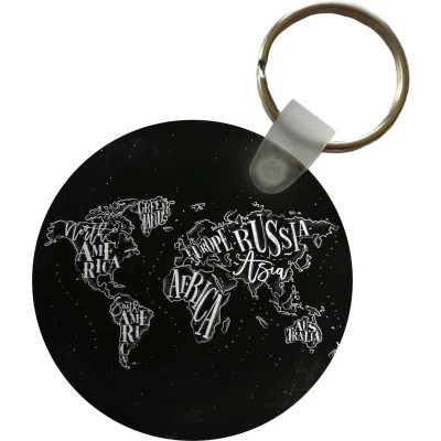 Afbeelding van Sleutelhanger Wereldkaart Zwart Wit Sterrenhemel Plastic Rond Uitdeelcadeautjes