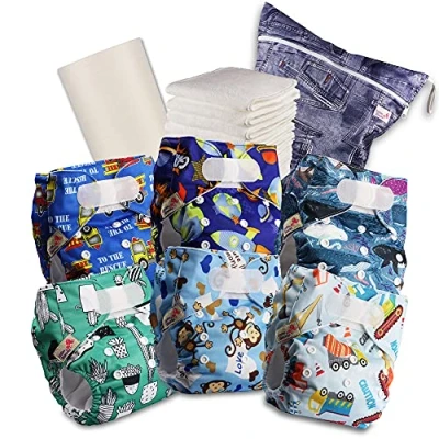 Afbeelding van Littles &amp; Bloomz Herbruikbare luierdoek voor baby&#039;s, standaard haak en lus, 6 luiers + inzetstukken, 1 wegwerp bamboe voering, natte luiertas, 605VM6