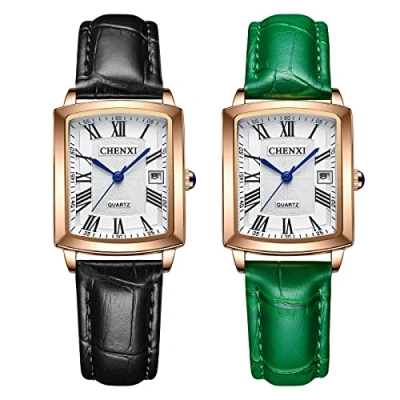 Afbeelding van JewelryWe Vrouwen Horloges Vierkante Analoge Grote Romeinse Cijfers Quartz Kalender Horloge Business Casual Lederen Horloge, 2 stuks., riem