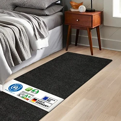 Afbeelding van KARAT Barcelona Shaggy bedomranding tapijtloper voor slaapkamer en woonkamer pluizige (80 x 200 cm, zwart)
