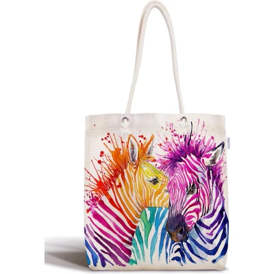 Afbeelding van Schoudertas Dames met rits Gekleurde Zebras Canvas 45x50 Strandtas Shopper tas tassen Zomer Hobby