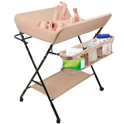 Afbeelding van Babycombi, inklapbare luiercommode, mobiele commode met aankleedkussen, veiligheidsgordel en opbergvakken, ruimtebesparend stabiel, 80 x 66 98 cm (lichtroze)