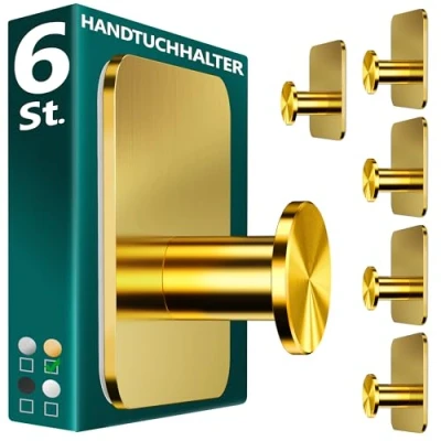 Afbeelding van Menz Handdoekhouder zonder boren, in goud, 6 stuks, robuuste handdoekhouder, moderne kleefhaken, haken voor badkamer, zelfklevende haak, ideaal als functionele handdoekhaak