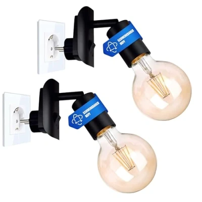 Afbeelding van TRANGO Pak van 2 led stekkerlamp 11 259A incl. 1x 4 watt 2500K goud warmwit E27 lampen in mat zwart *ANNA* wandlamp, leeslamp, nachtlamp, keukenlamp, pluglamp