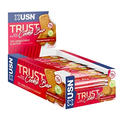 Afbeelding van USN Trust Caramel Biscuit Cookie Bar: Eiwitrepen, perfecte Proteïnesnacks voor onderweg en na de training (12 x 60 g repen per verpakking), Rood/Blauw