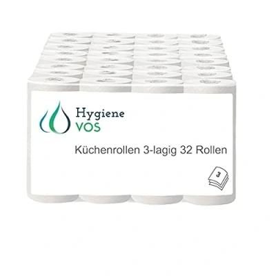 Afbeelding van Hygiene VOS 32 keukenrollen, originele absorberende wisdoeken, 3 laags in enorme voordeelverpakking, 8 x 4 rollen, keukenpapier (32 50 vellen)
