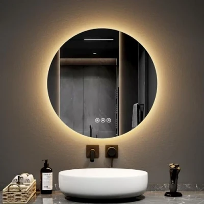 Afbeelding van EMKE Badkamerspiegel met verlichting, rond, diameter 60 cm, 3 lichtkleuren, dimbaar, anti condens, geheugenfunctie, aanraakschakelaar, IP44, energiebesparend, achtergrondverlichting, ronde