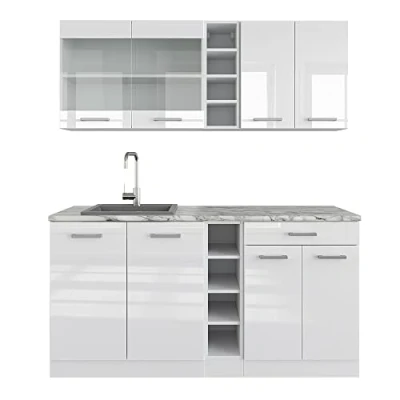 Afbeelding van Vicco Eenpersoonskeuken R Line, Wit hoogglans/wit/Wit, 160 cm zonder werkblad