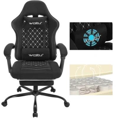 Afbeelding van WOLTU GS07sz Gamingstoel met massage, ergonomische bureaustoel, grote gevoerde computerstoel lendenkussen, belasting 150 kg, technologische stof, zwart + wit