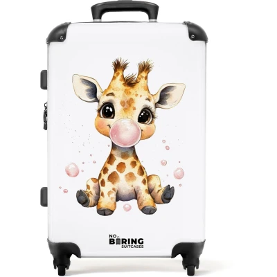 Afbeelding van NoBoringSuitcases.com® Kinderkoffer meisje Kindertrolley meisjes Giraffe met roze kauwgombal Koffer kind groot Rolkoffer lichtgewicht Reiskoffer 4 wielen Grote trolley XL 20 kg bagage