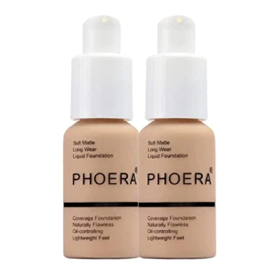 Afbeelding van Glamza Phoera Foundation volledige dekking make up set 24 uur langdurige olie controle zachte gladde matte vlekkeloze concealer crème Inc x2 30ml &amp; Siliconen Blender Spons (104 Buff