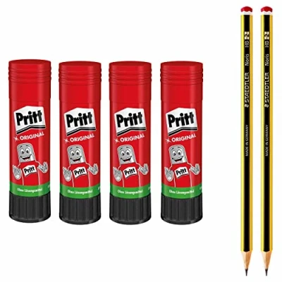 Afbeelding van Pritt lijmstift, veilige en kindvriendelijke lijm voor knutselen, sterke school &amp; kantoor, voordelige set met 4x 22 g stift 2x HB potloden